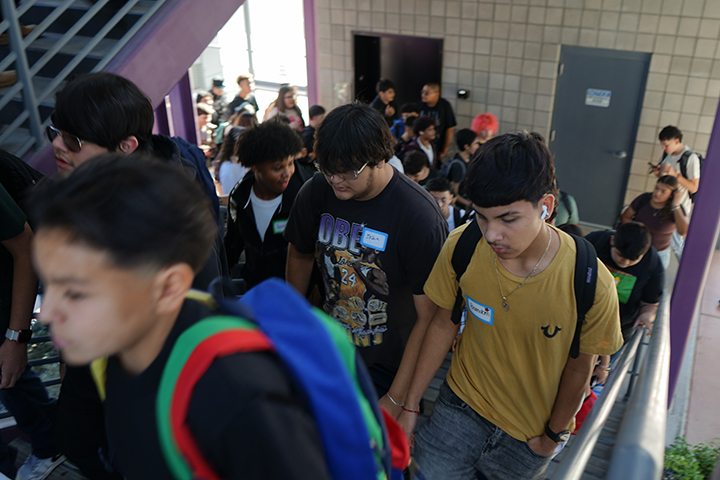 Students go up the stairs between classes
